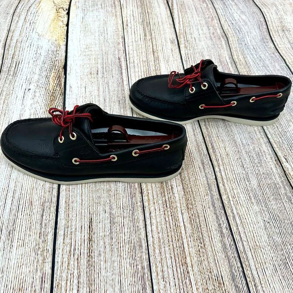 Timberland Men's Size 8 Classic Two-Eye Black Leather Boat Shoes Preppy Nautical